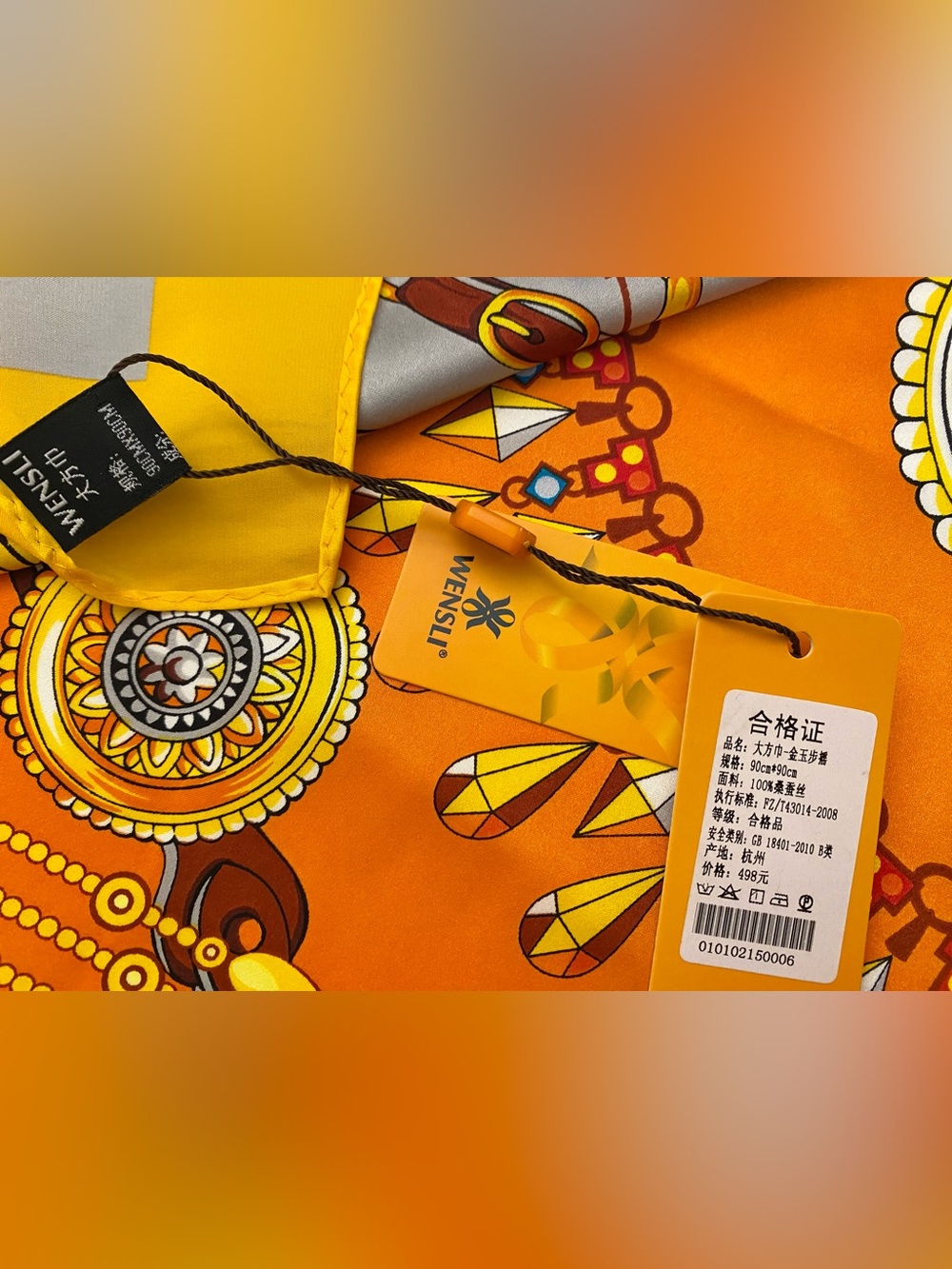 Wensli Vibrant Orange & Gold Patterned Silk Scarf NWT! - Picture 3 of 4